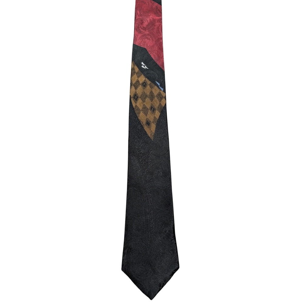 Bonjour Necktie Mens OS Black Red Gold Harlequin Colorblock‎ Jacquard USA Made